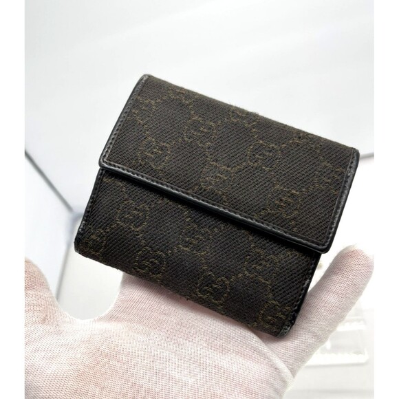 GUCCI Horse Bit clasp GG Logo Brown Canvas Leather trim Bifold Wallet Italy made - Picture 11 of 16